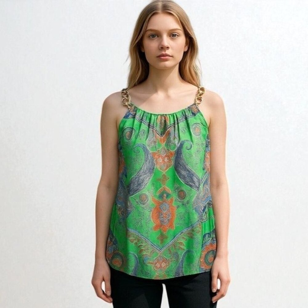 Jade Melody Tam Green Boho Tank Top Blouse Lined Chain Straps Paisley Medium